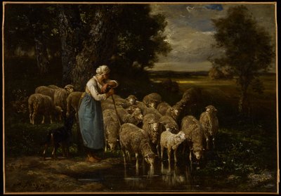 Herderin en schapen, Fontainebleau door Charles Emile Jacque